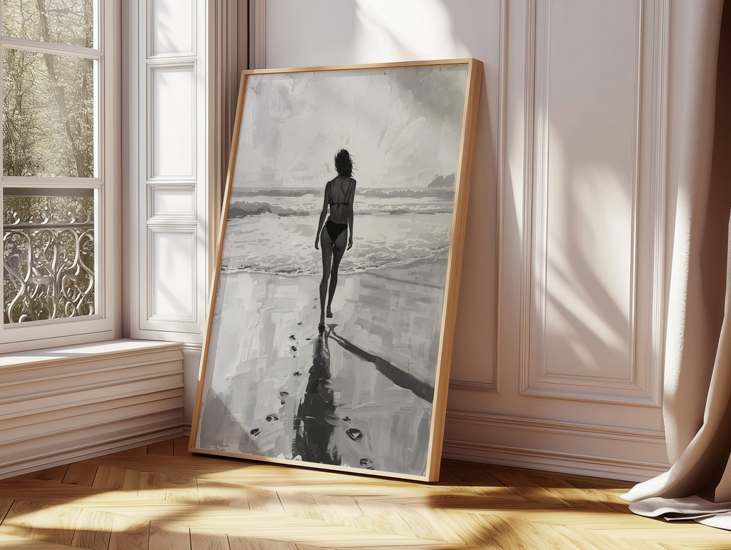 Solitude Beach Black & White Poster | Minimalist Woman Ocean Print | Modern Coastal Wall Art | Monochrome Seascape