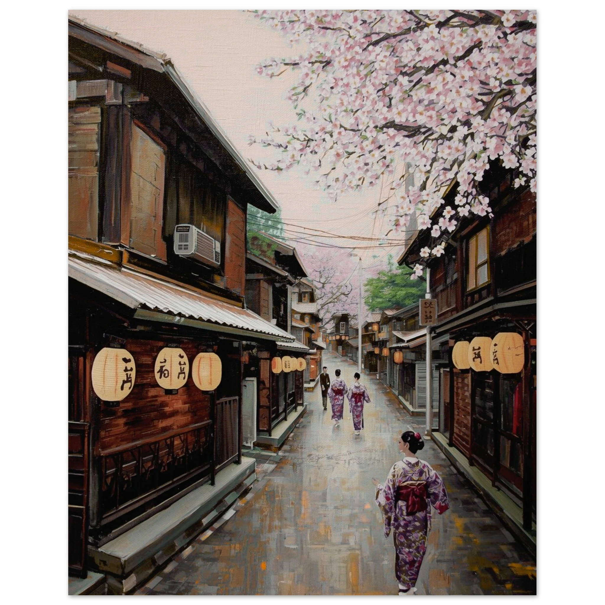 Japanese Street Cherry Blossom Wall Art | Kyoto Sakura Painting Print | Traditional Japan Cultural Decor | Asian Landscape Poster