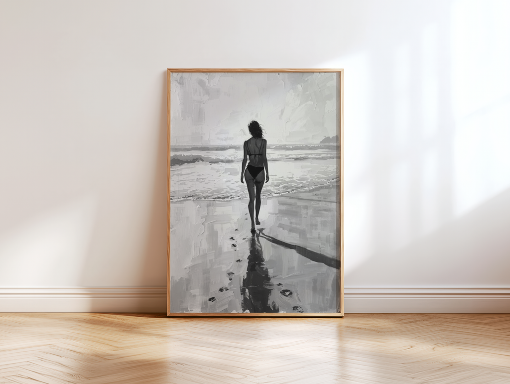 Solitude Beach Poster | Minimalist Black & White Woman Ocean Print | Modern Coastal Wall Art - TheSnugLab