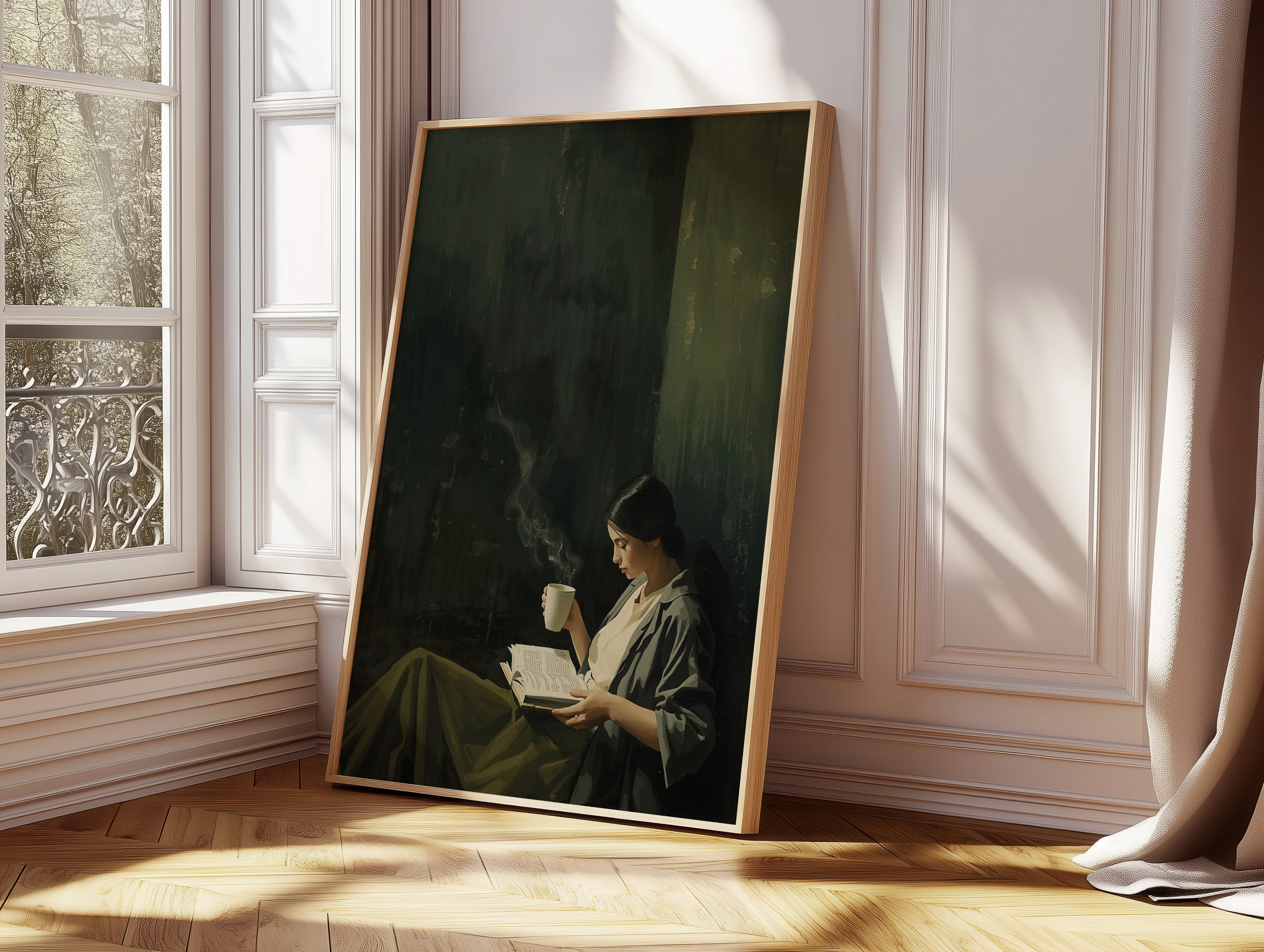 Moody Reading Girl Poster, Dark Academia Wall Art, Woman With Book & Coffee Print, Aesthetic Literary Artwork, Cozy Vintage Study Decor