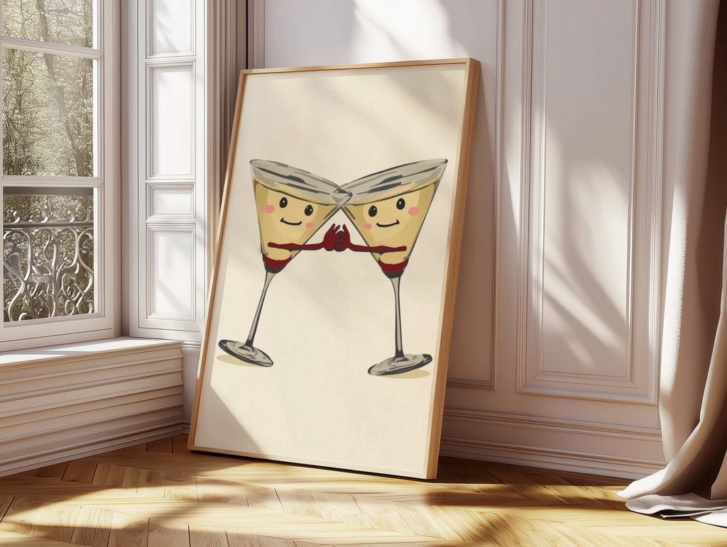 Cute Martini Glass Wall Art | Funny Cocktail Poster | Bar Cart Decor | Romantic Kitchen Print | Minimalist Drink Illustration