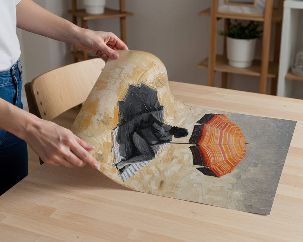 Summer Umbrella Beach Painting Print | Minimalist Coastal Woman Wall Art | Modern Impressionist Seaside Poster | Warm Neutral Decor