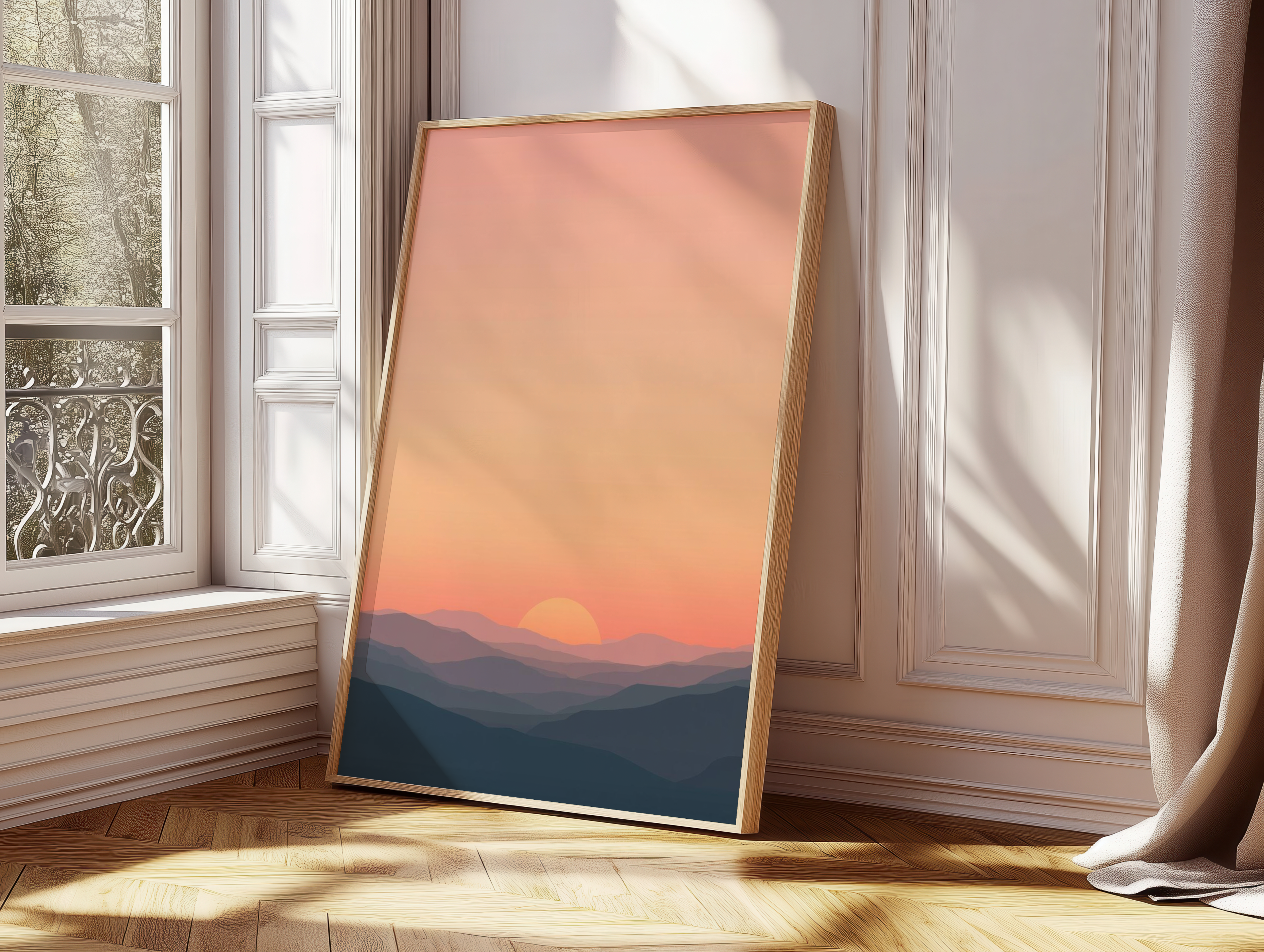 Minimalist Sunset Mountain Poster, Abstract Landscape Wall Art, Warm Pastel Horizon Print, Modern Nature Aesthetic Decor, Calm Gradient Mountains Artwork