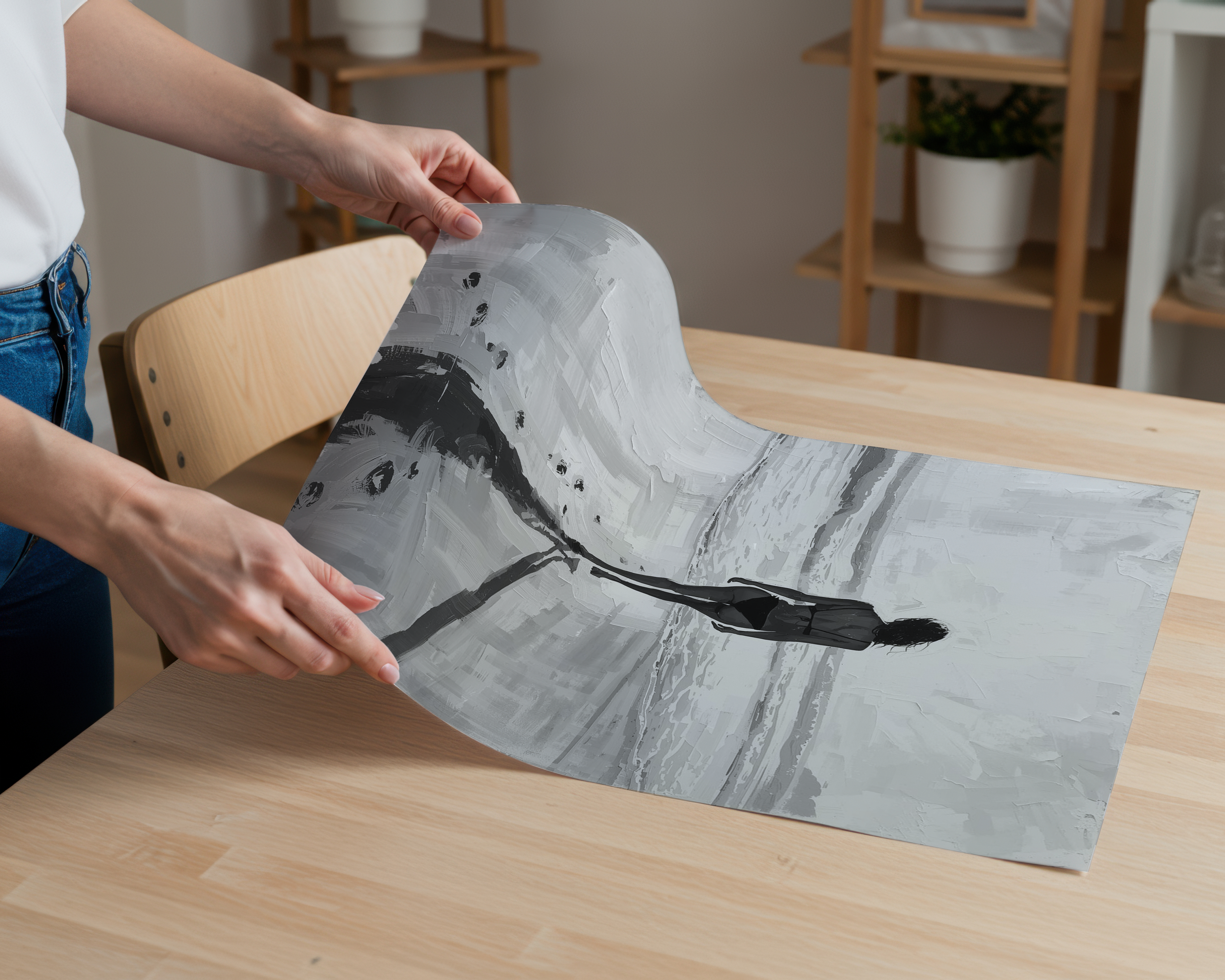 Solitude Beach Black & White Poster | Minimalist Woman Ocean Print | Modern Coastal Wall Art | Monochrome Seascape