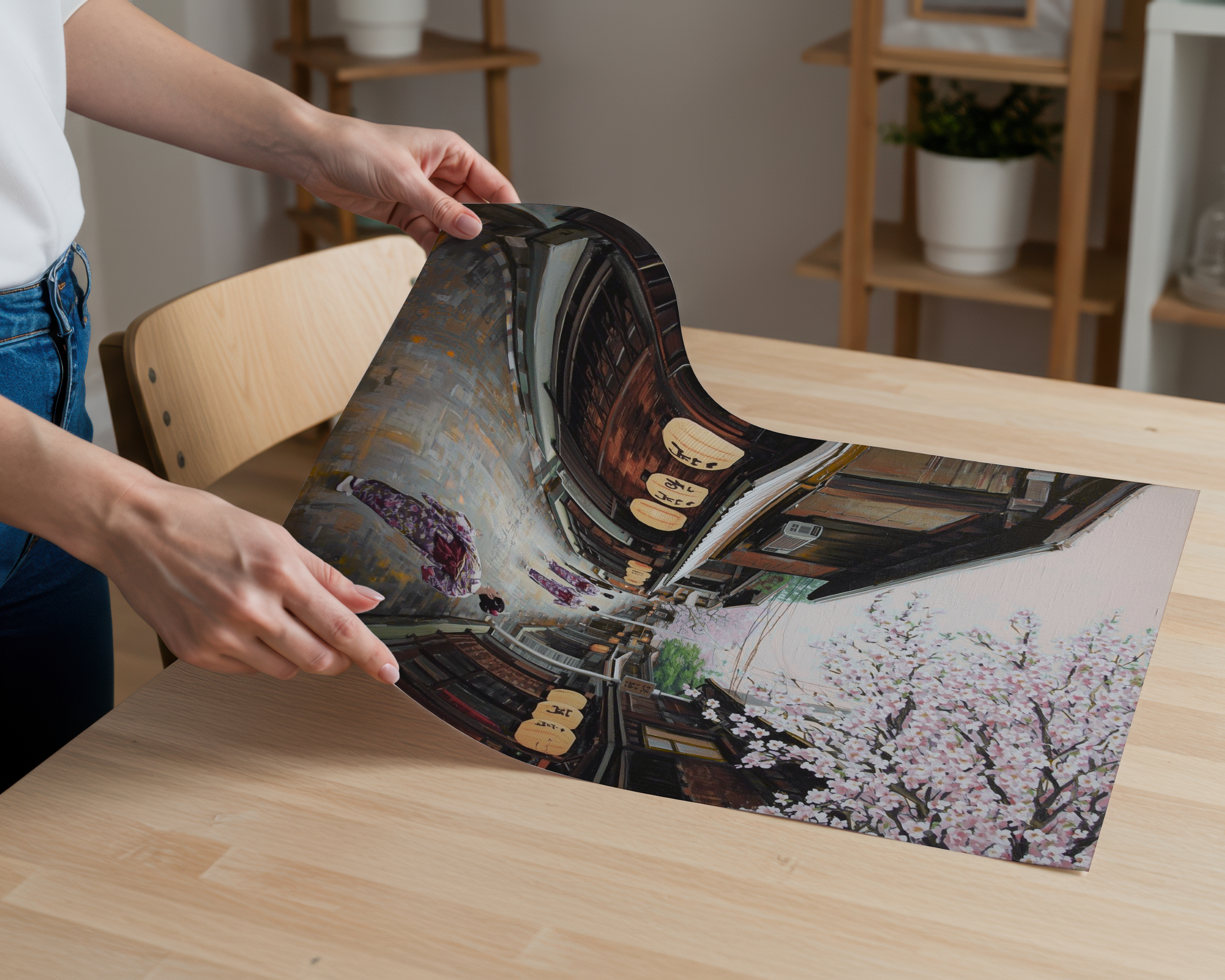 Japanese Street Cherry Blossom Wall Art | Kyoto Sakura Painting Print | Traditional Japan Cultural Decor | Asian Landscape Poster