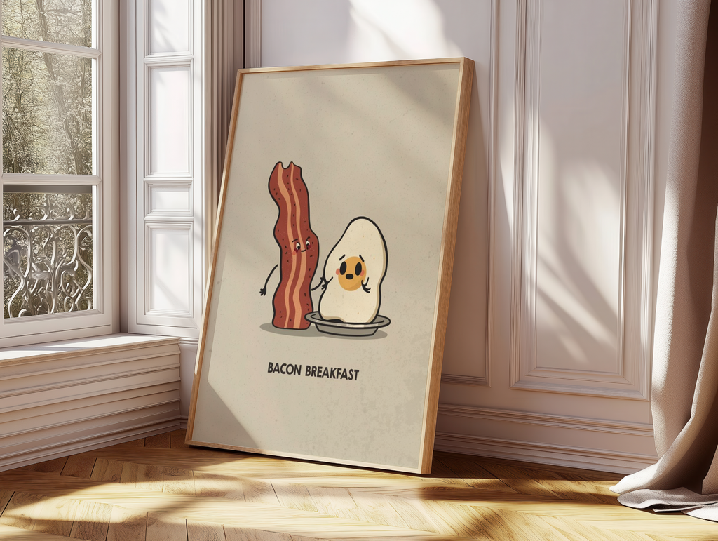 Funny Bacon & Egg Wall Art | Cute Breakfast Kitchen Poster | Retro Food Illustration | Playful Kitchen Decor Print
