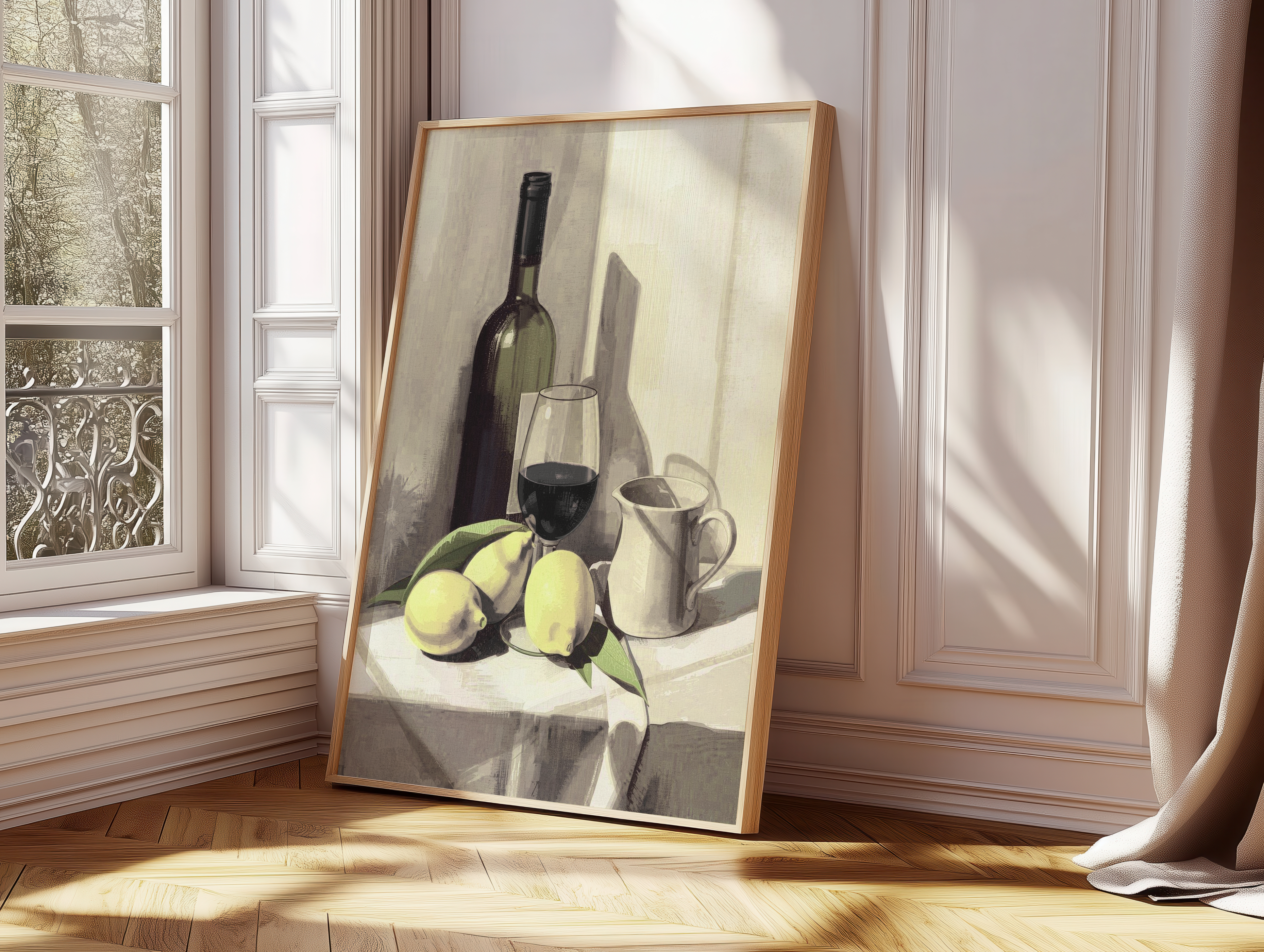 Vintage Wine & Lemon Still Life Wall Art | Classic Kitchen Painting Print | Elegant Dining Room Decor | Neutral Rustic Artwork