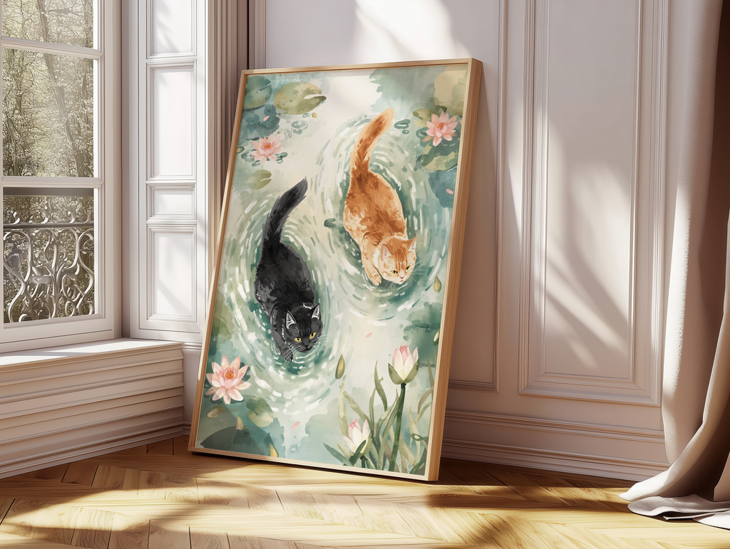 Funny Cats in Water Poster | Cute Cat Bathroom Humor Wall Art | Relaxed Kitty Illustration Print | Quirky Pet Lover Decor | Cozy Aesthetic Animal Artwork