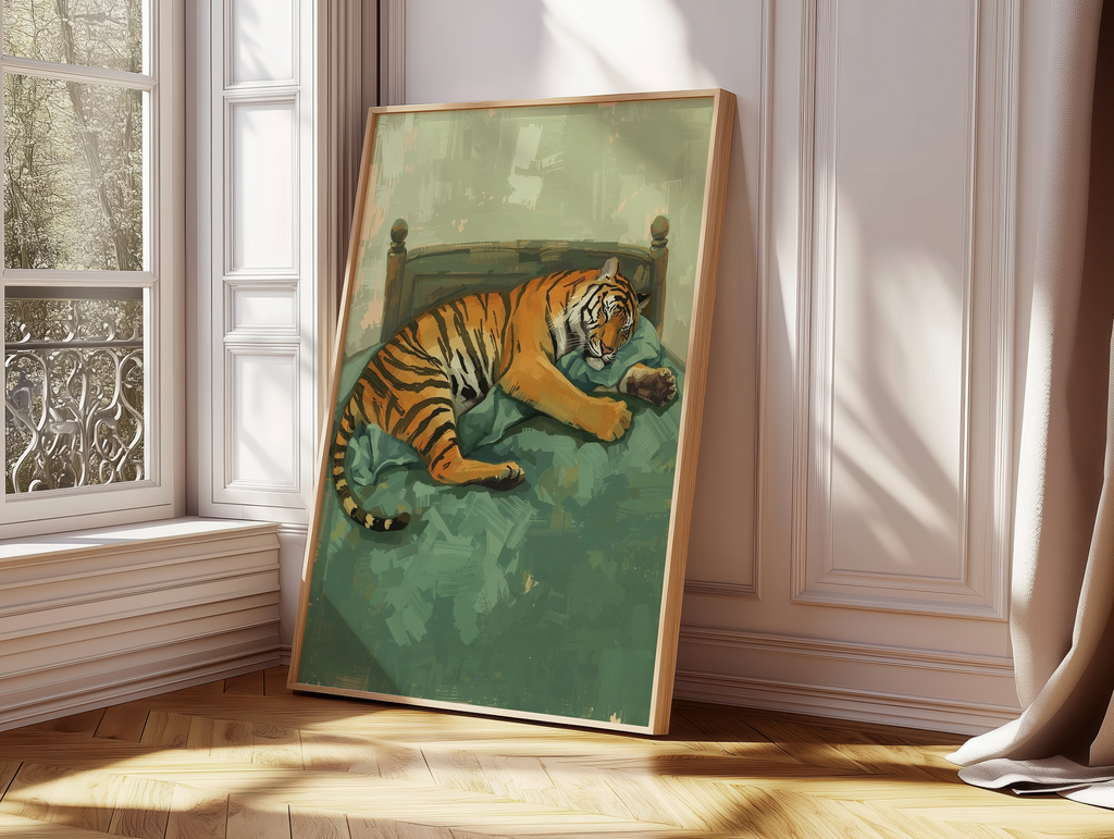 Sleepy Tiger Funny Animal Poster | Lazy Cat Humor Wall Art | Quirky Bedroom Decor | Cute Wildlife Illustration Print | Gift for Animal Lovers