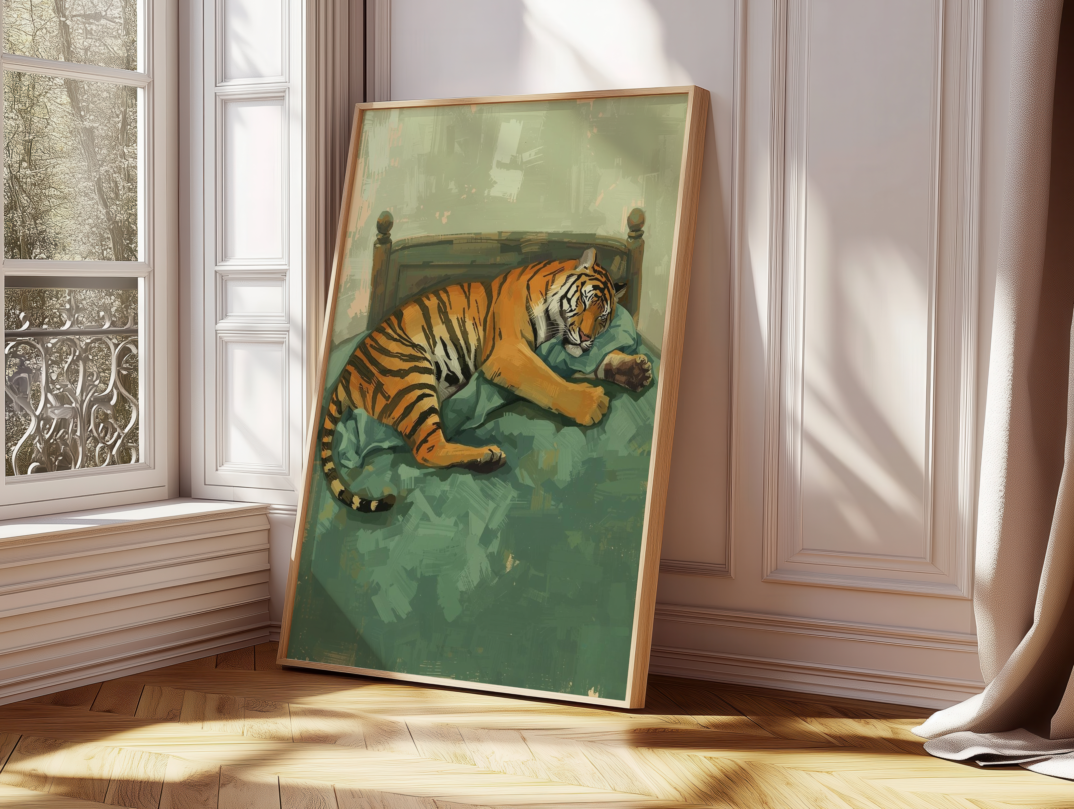 Sleepy Tiger Funny Animal Poster | Lazy Cat Humor Wall Art | Quirky Bedroom Decor | Cute Wildlife Illustration Print | Gift for Animal Lovers