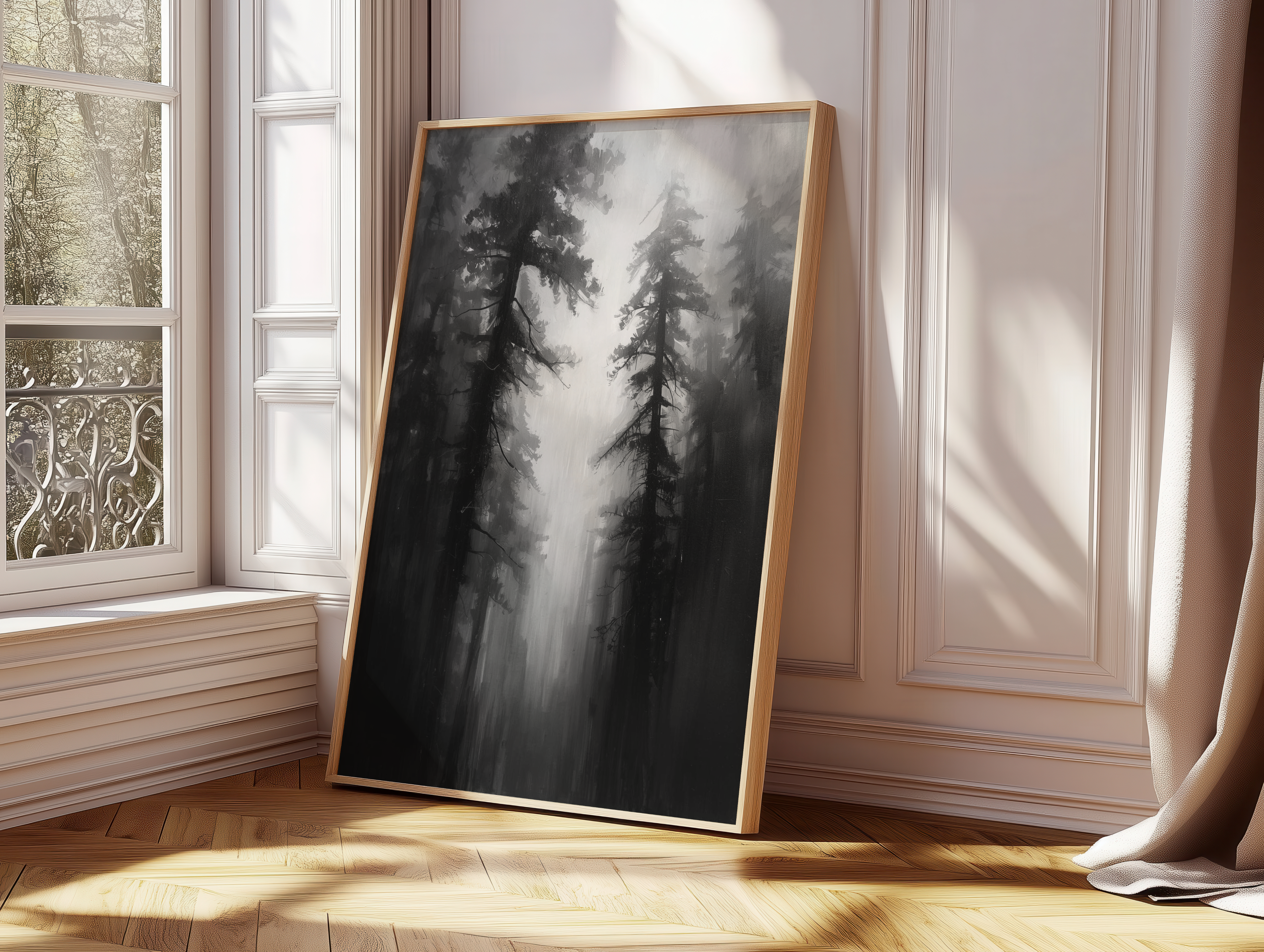 Misty Forest Black & White Poster Print | Moody Woodland Wall Art | Minimalist Nature Landscape | Scandinavian Dark Decor | Monochrome Tree Artwork