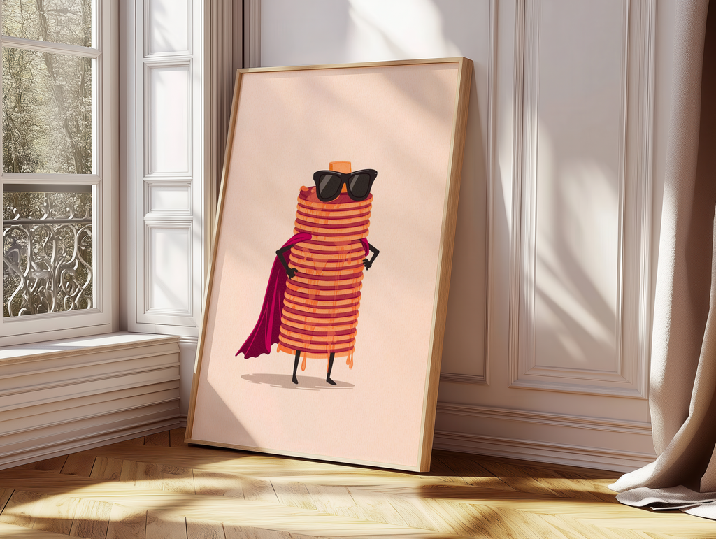 Funny Pancake Stack Wall Art | Cute Breakfast Kitchen Poster | Retro Food Illustration | Playful Café Decor Print