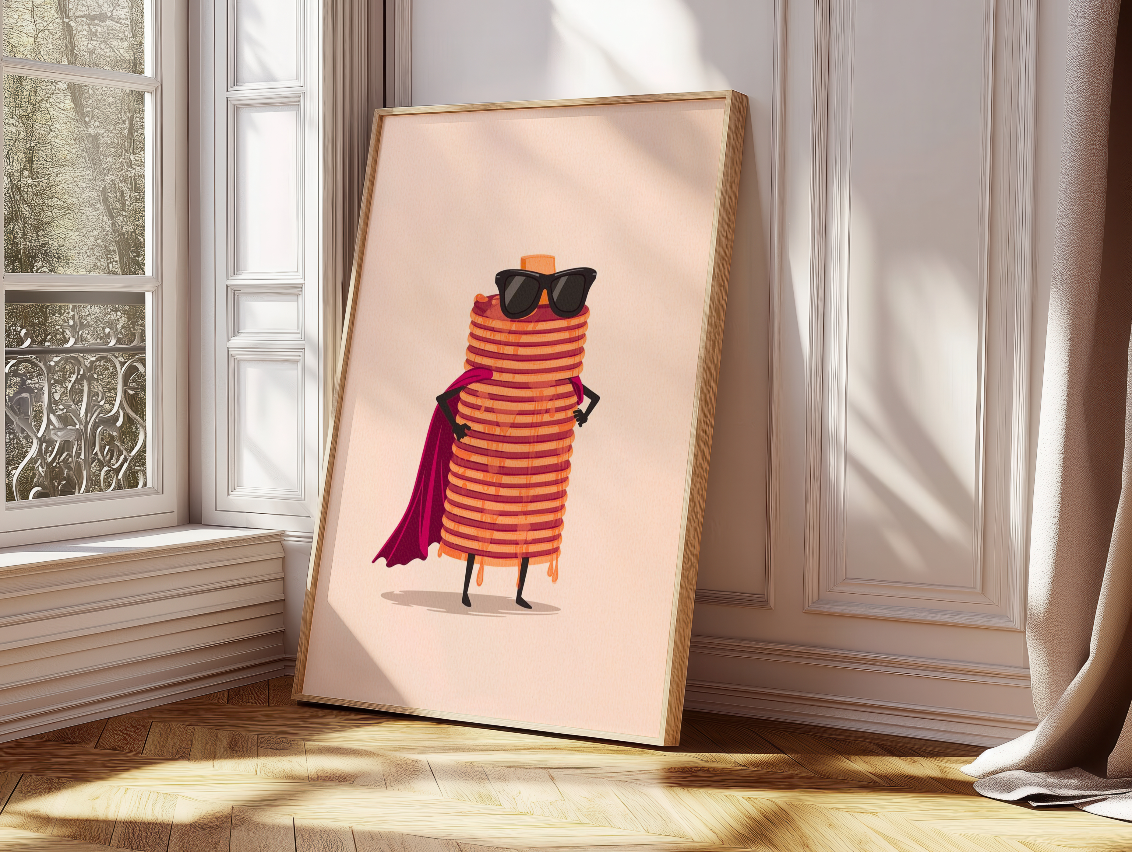 Funny Pancake Stack Wall Art | Cute Breakfast Kitchen Poster | Retro Food Illustration | Playful Café Decor Print