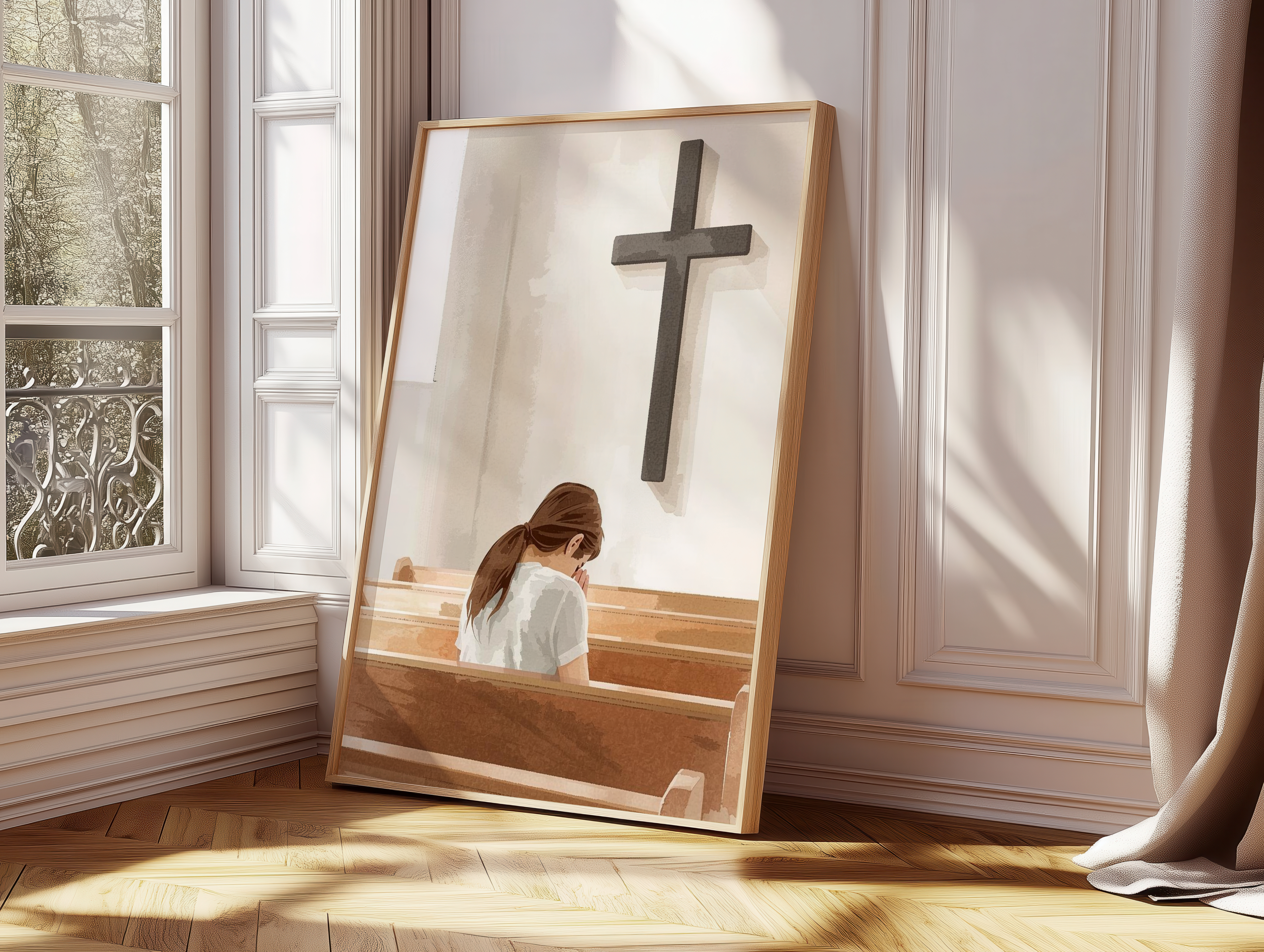 Minimalist Prayer Church Cross Abstract Poster, Christian Wall Art Print, Faith Inspired Watercolor Painting, Spiritual Neutral Aesthetic Home Decor