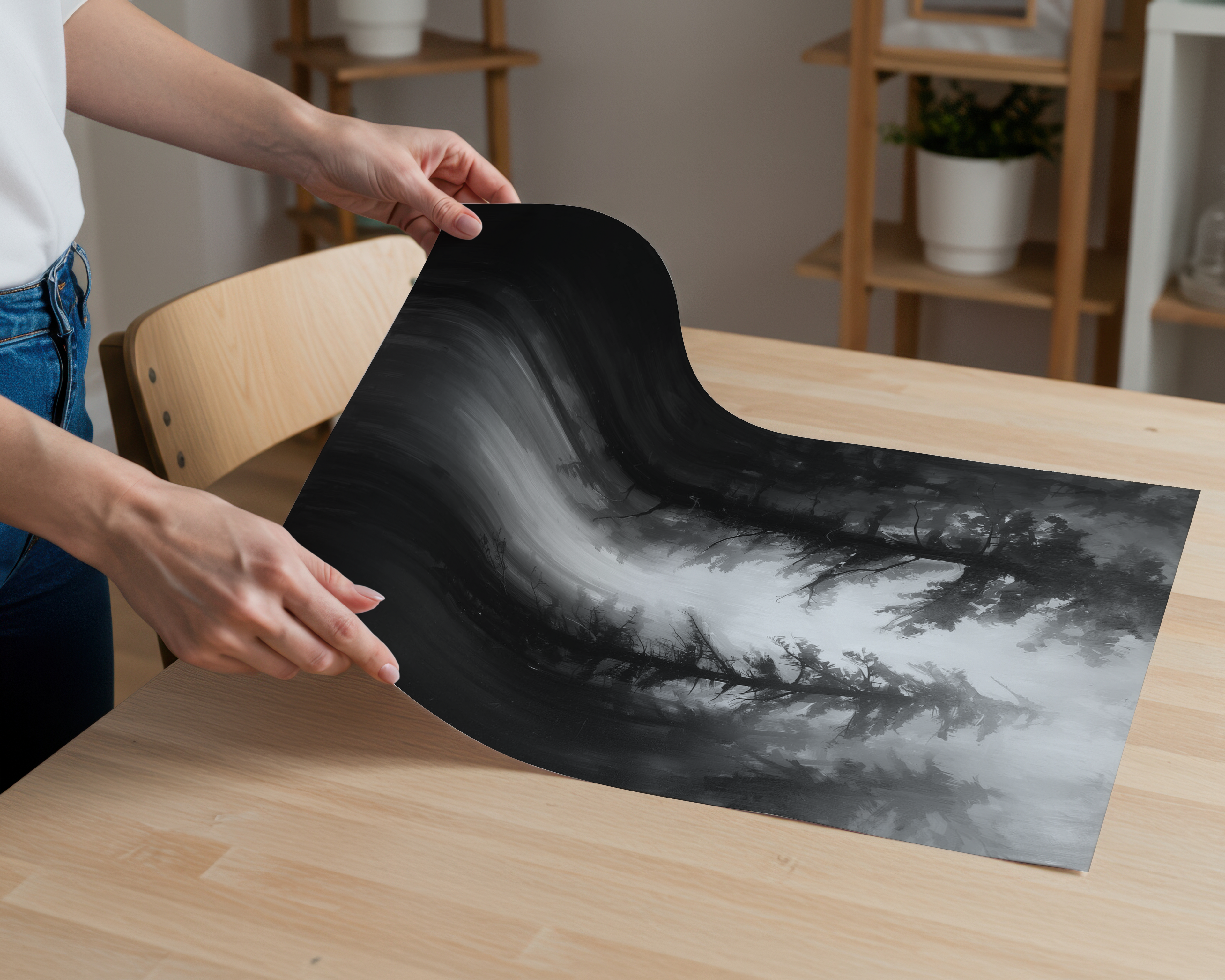 Misty Forest Black & White Poster Print | Moody Woodland Wall Art | Minimalist Nature Landscape | Scandinavian Dark Decor | Monochrome Tree Artwork