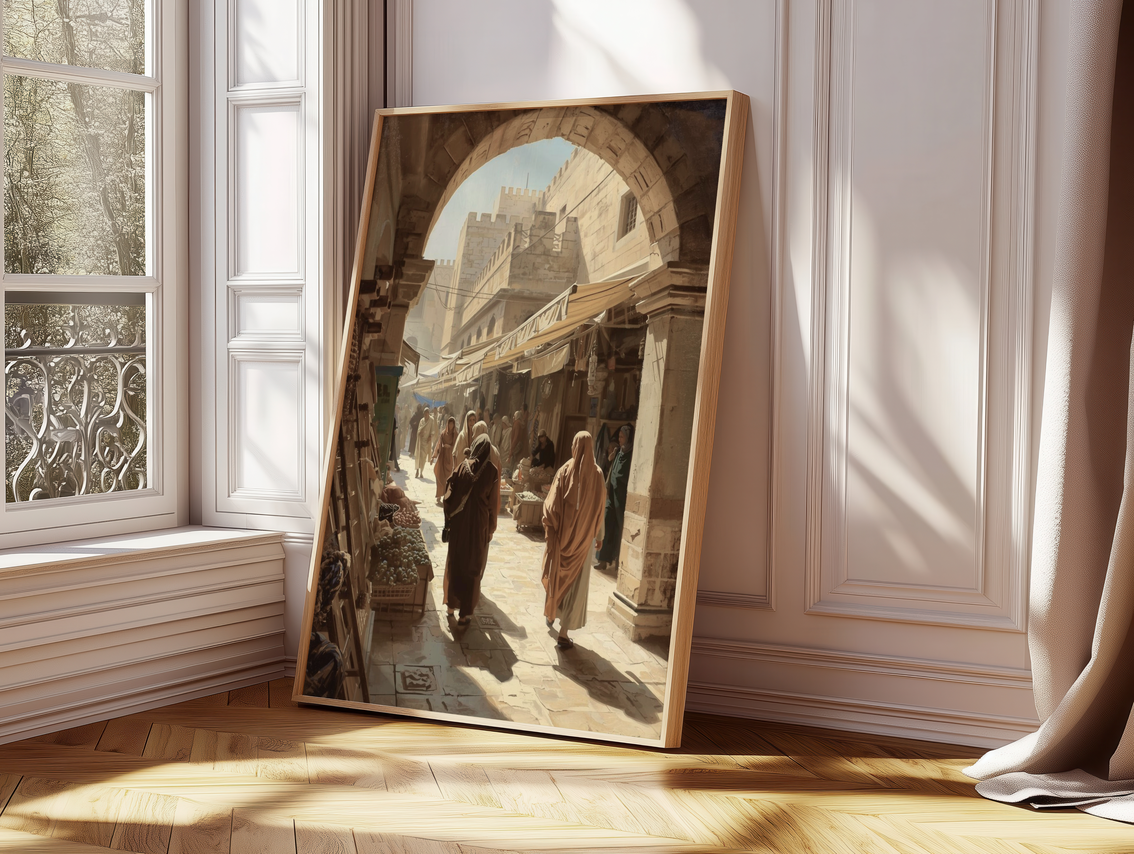 Ancient Middle Eastern Market Poster Print | Cultural Souk Wall Art | Historic Bazaar Architecture Artwork | Warm Neutral Travel Decor