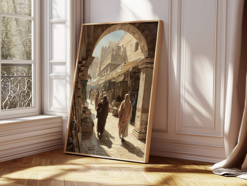 Ancient Middle Eastern Market Poster Print | Cultural Souk Wall Art | Historic Bazaar Architecture Artwork | Warm Neutral Travel Decor
