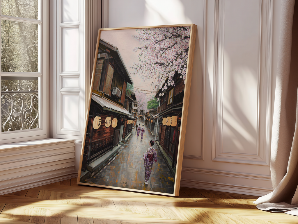 Japanese Street Cherry Blossom Wall Art | Kyoto Sakura Painting Print | Traditional Japan Cultural Decor | Asian Landscape Poster