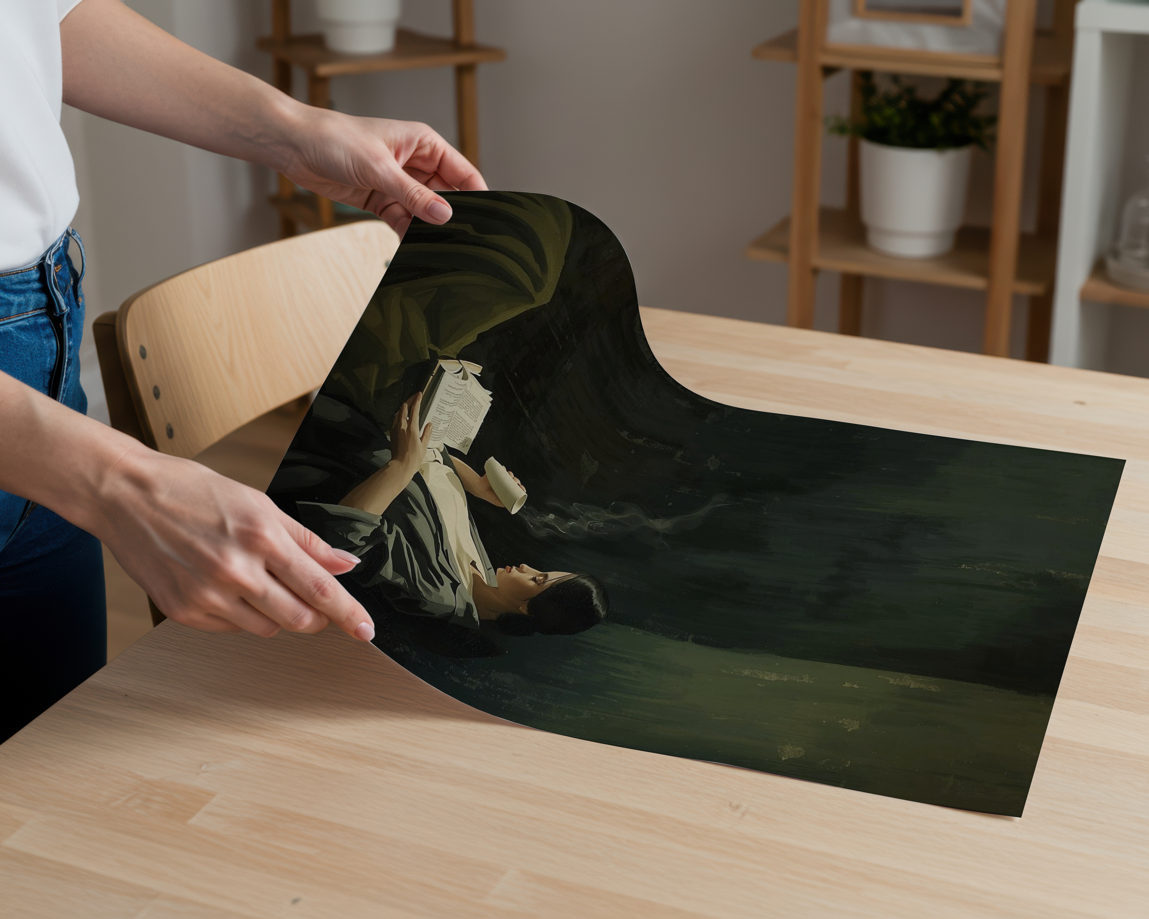 Moody Reading Girl Poster, Dark Academia Wall Art, Woman With Book & Coffee Print, Aesthetic Literary Artwork, Cozy Vintage Study Decor