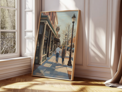 American Small Town Street Wall Art | Vintage USA Main Street Painting | Americana Culture Decor | Travel Landscape Poster