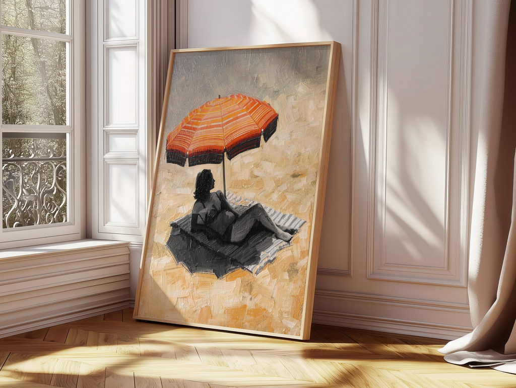 Summer Umbrella Beach Painting Print | Minimalist Coastal Woman Wall Art | Modern Impressionist Seaside Poster | Warm Neutral Decor
